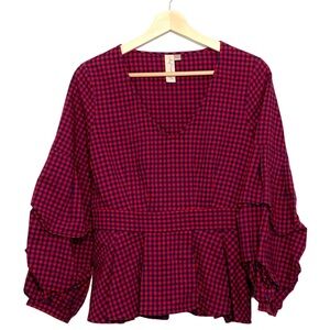 Allison Joy Navy Red Gingham Bubble Sleeve Pleated Peplum V-neck Top Size Small